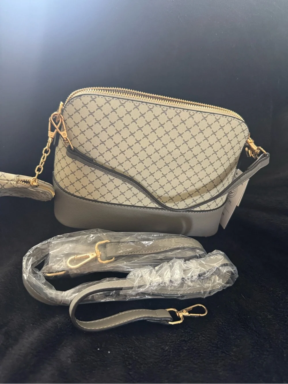 Gray Monogram Crossbody Bag with Gold Hardware vegan leather